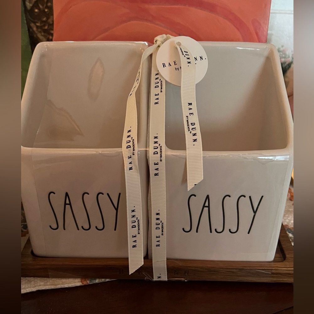 Rae Dunn SASSY 2 Brush Pen Misc Pottery Containers on Wood Base